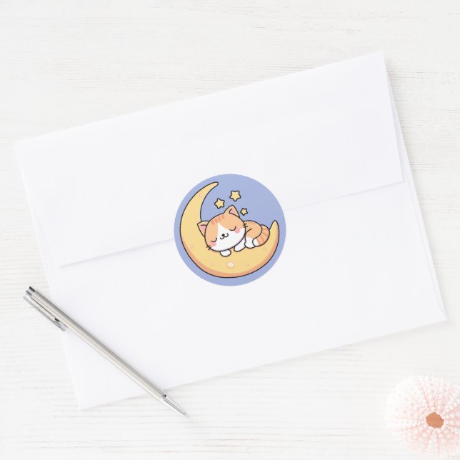 Sticker Rond Chat dormant sur la Lune (Enveloppe)