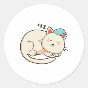 Sticker Rond Chat Dormir avec casquette