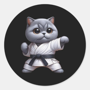 Sticker Rond Chat drôle British Shorthair porter Karate Gi Blac