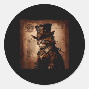 Sticker Rond Chat drôle cowboy Steampunk