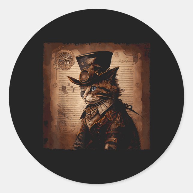 Sticker Rond Chat drôle cowboy Steampunk (Devant)