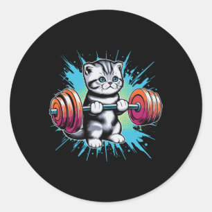 Sticker Rond Chat Drôle de Chat Lève des Haltères Musculation G