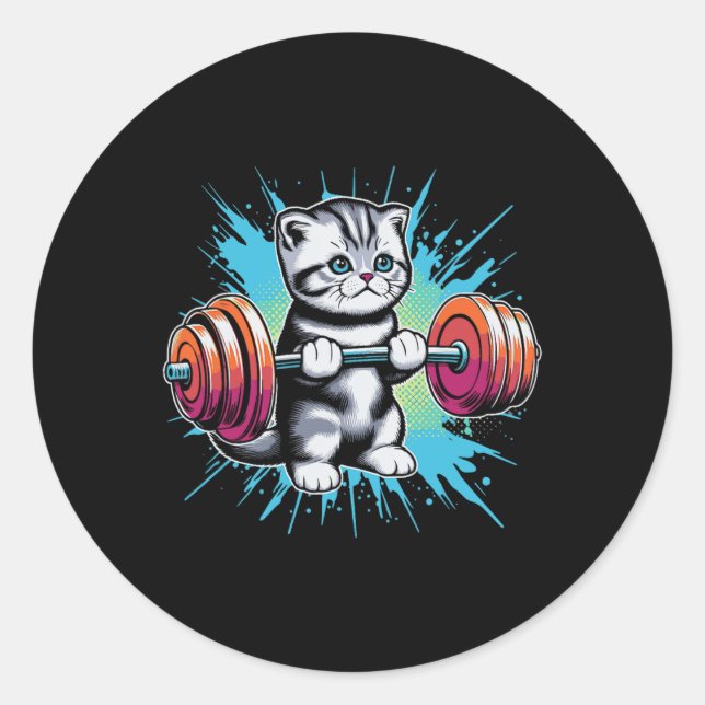 Sticker Rond Chat Drôle de Chat Lève des Haltères Musculation G (Devant)