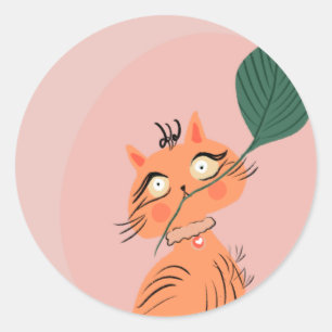 Sticker Rond Chat drôle feuille de plante dessin animé