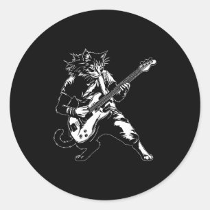 Sticker Rond Chat Drôle Jouant B Guitare Rock Music Amoureux Mu