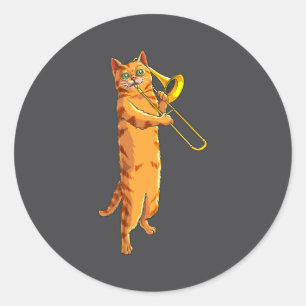 Sticker Rond Chat Drôle Jouant du Trombone Cadeau Chaton Musici