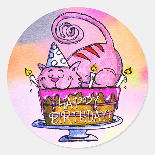 Sticker Rond Chat drôle Joyeux gâteau d'anniversaire et bougies (Devant)