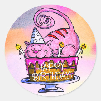 Sticker Rond Chat drôle Joyeux gâteau d'anniversaire et bougies