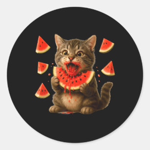Sticker Rond Chat drôle mangeant une tranche de pastèque Jour d