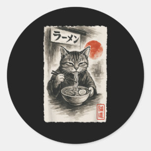 Sticker Rond Chat drôle Manger Ramen nouilles Sumi-e Japonais K