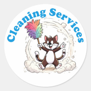 Sticker Rond Chat Drôle qui se Nettoie avec une Brosse à Plumes