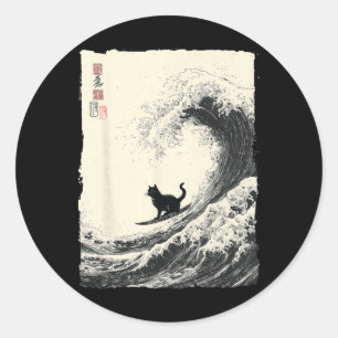 Sticker Rond Chat drôle surfant sur La Grande Vague ukiyo-e jap