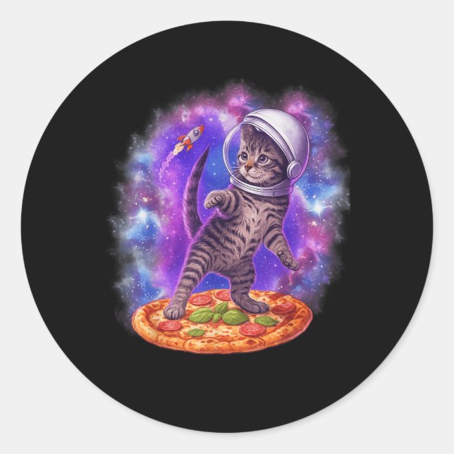 Sticker Rond Chat Drôle Voler Une Pizza Astronaut Kitten Space  (Devant)