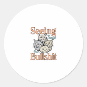 Sticker Rond Chat Drôle Voyant À Travers Votre Dessin Vintage