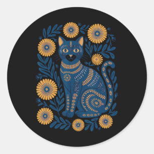 Sticker Rond Chat d'Ukraine Floral Vintage Drapeau Ukrainien Vy