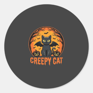 Sticker Rond Chat effrayant Halloween Chauve-souris Lune Graphi