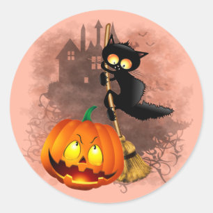 Sticker Rond Chat effrayé par Citrouille Fun Halloween caractèr