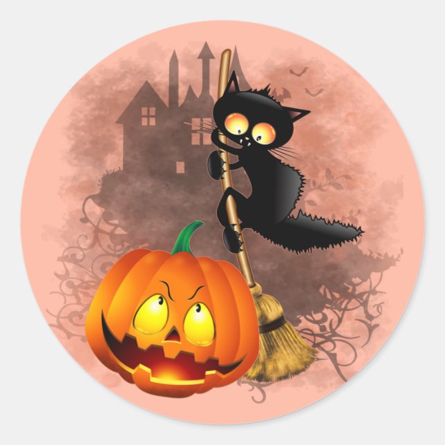 Sticker Rond Chat effrayé par Citrouille Fun Halloween caractèr (Devant)