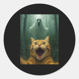 Sticker Rond Chat effrayé selfie avec fantôme _ Drôle de cos Ha