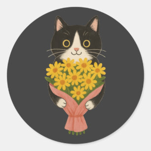 Sticker Rond Chat élégant en smoking avec bouquet de tournesols