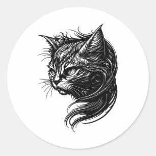Sticker Rond Chat Élégant En Tatouage Vintage