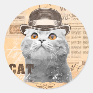 Sticker Rond Chat en casquette, vieux journal classique, vintag