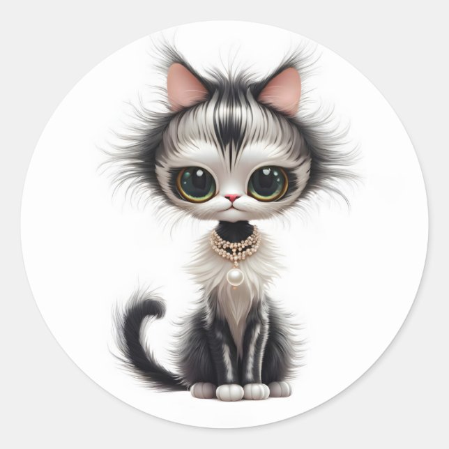Sticker Rond Chat En Dessin Avec Collier En Perle (Devant)