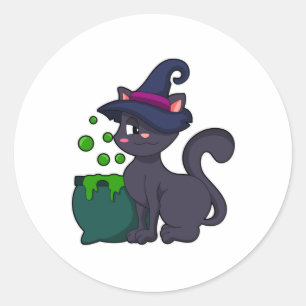 Sticker Rond Chat en sorcière avec Cauldron