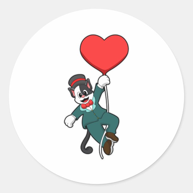 Sticker Rond Chat en tenue de marié avec ballon en forme de cœu (Devant)