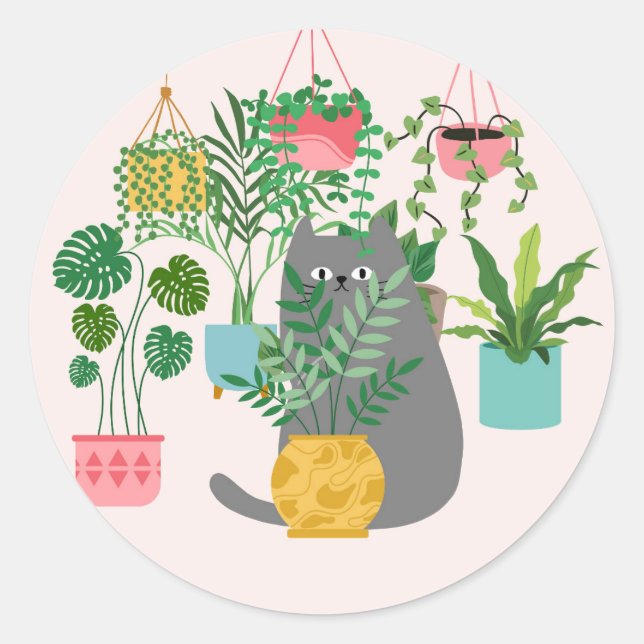 Sticker Rond Chat entre Plantes drôle (Devant)