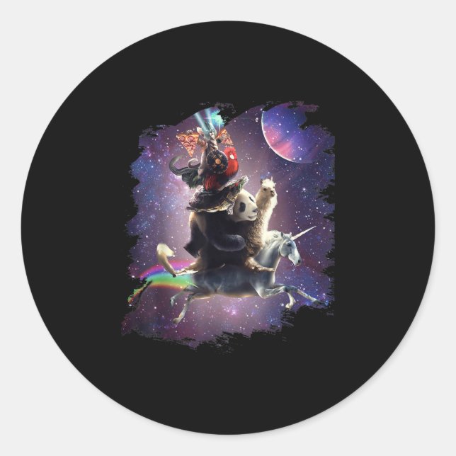 Sticker Rond Chat équitation Panda Llama Unicorn (Devant)