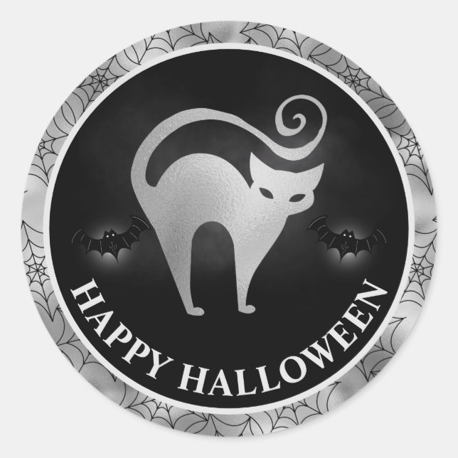 Sticker Rond Chat et Chauves-Souris Argent & Noir Joyeux Hallow (Devant)