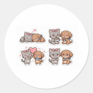 Sticker Rond Chat et chien amis inséparables kawaii Mignon Auto