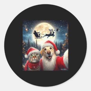 Sticker Rond Chat et chien drôle selfie avec le Père Noël Noël