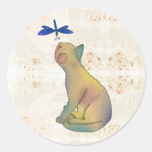Sticker Rond Chat et libellule bleue