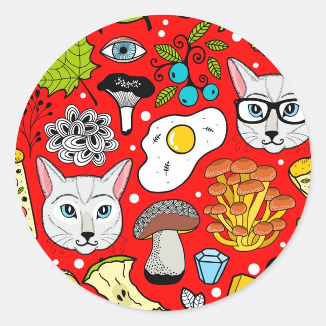 Sticker Rond Chat et oeuf sur le rouge (Devant)