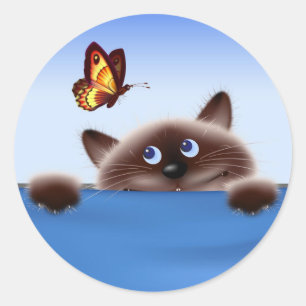 Sticker Rond Chat et papillon