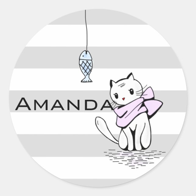 Sticker Rond Chat et poisson blanc testé (Devant)