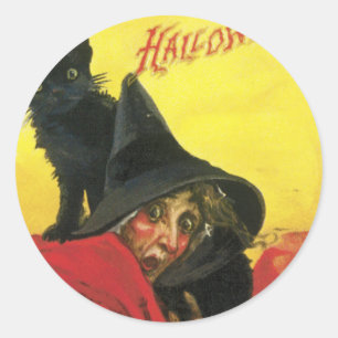 Sticker Rond Chat et sorcière d'Halloween vintage