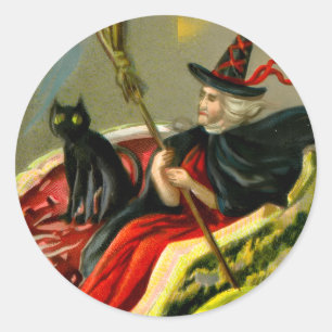 Sticker Rond Chat et sorcière vintage d'Halloween noir