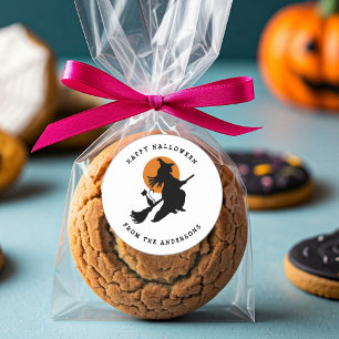 Sticker Rond Chat et sorcière volante Halloween noir et blanc