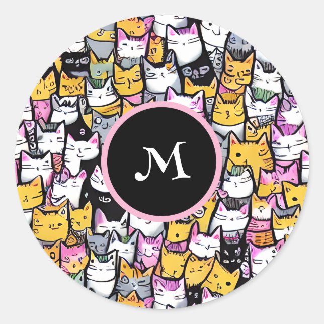 Sticker Rond Chat face doodé félin motif animaux monogramme amu (Devant)