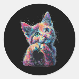 Sticker Rond Chat Faire Forme de Coeur Amour Signer Langue Chat
