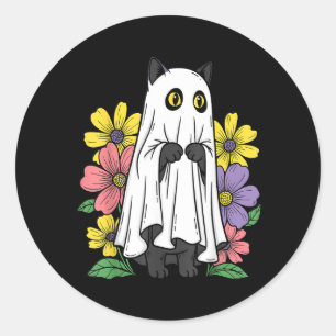 Sticker Rond Chat fantôme d'Halloween Chat noir mignon Fleurs