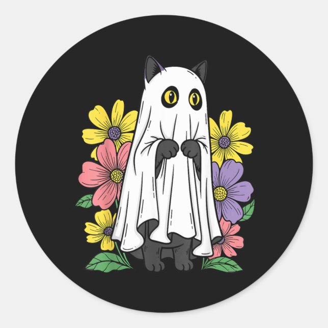 Sticker Rond Chat fantôme d'Halloween Chat noir mignon Fleurs (Devant)