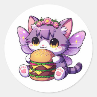 Sticker Rond Chat fée mignonne avec hamburger