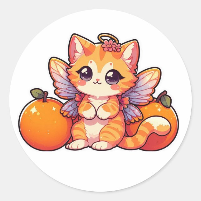 Sticker Rond Chat fée mignonne avec oranges (Devant)