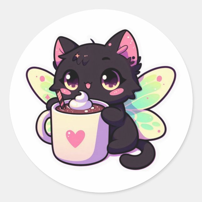 Sticker Rond Chat fée mignonne buvant du chocolat chaud (Devant)