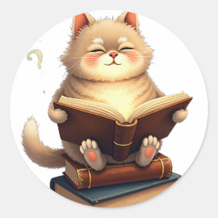 Sticker Rond Chat flottant dans l'espace lisant un livre de con