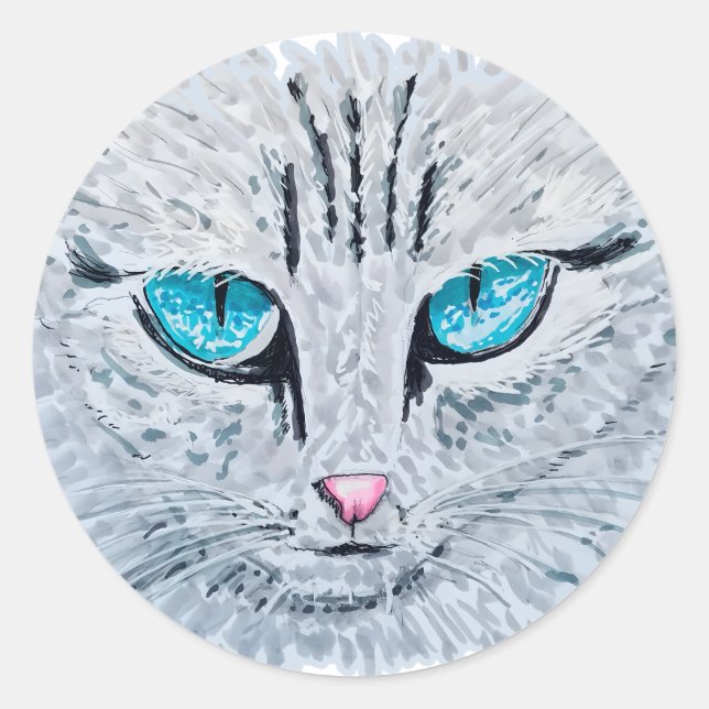 Sticker Rond Chat Fluffy aux Yeux Bleus (Devant)